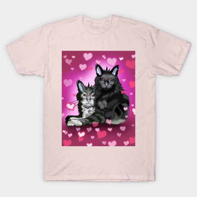 Black maine coon cat brothers with pink hearts T-Shirt by cuisinecat